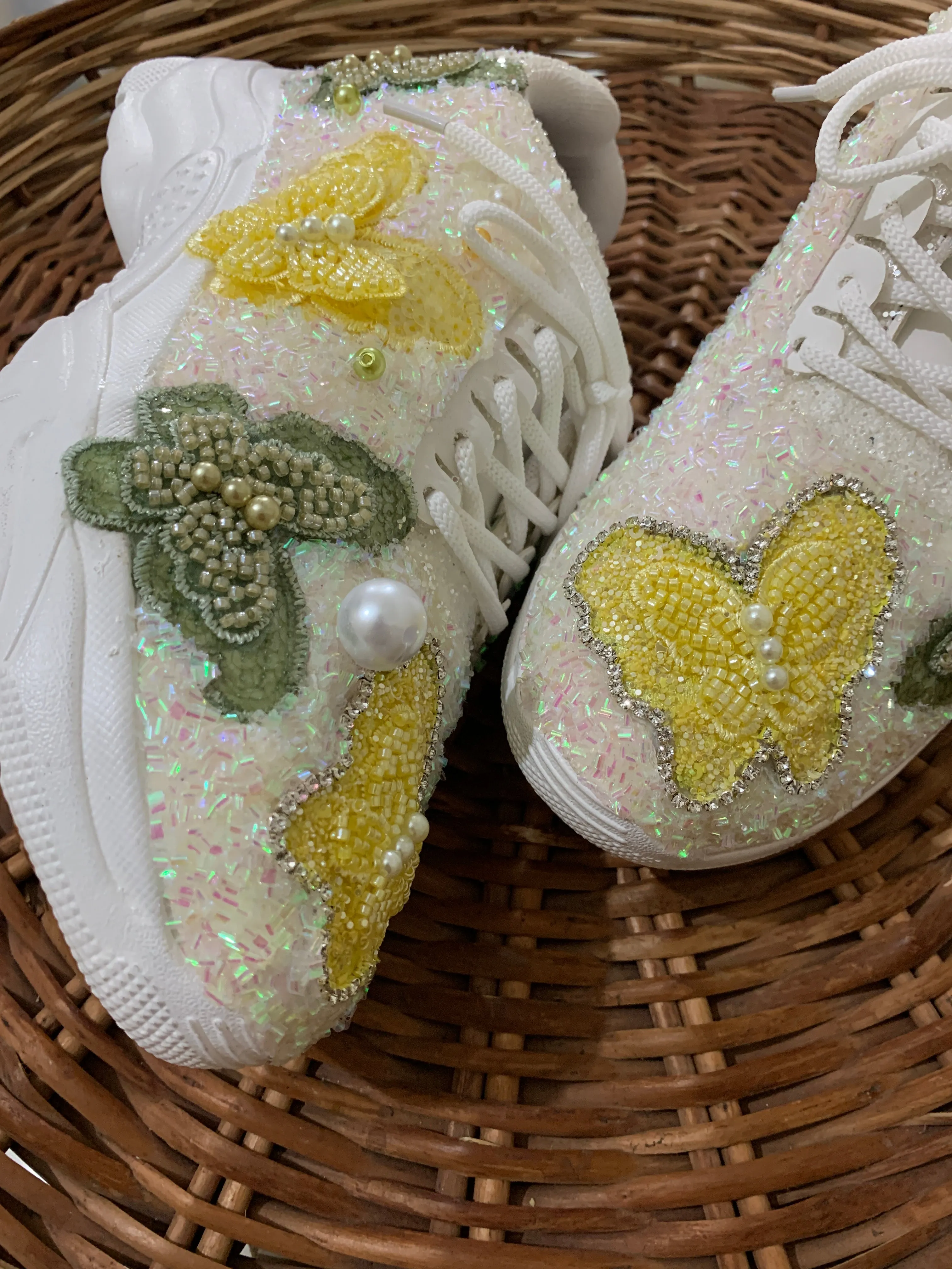 FUNKY N TRENDY yellow and green butterfly embroidery sneakers for brides /yellow embroidered sneakers/ handcrafted sneakers/ butterfly sneakers / bridal sneakers / bridesmaid sneakers/ green and yellow hand work sneakers/yellow shoes