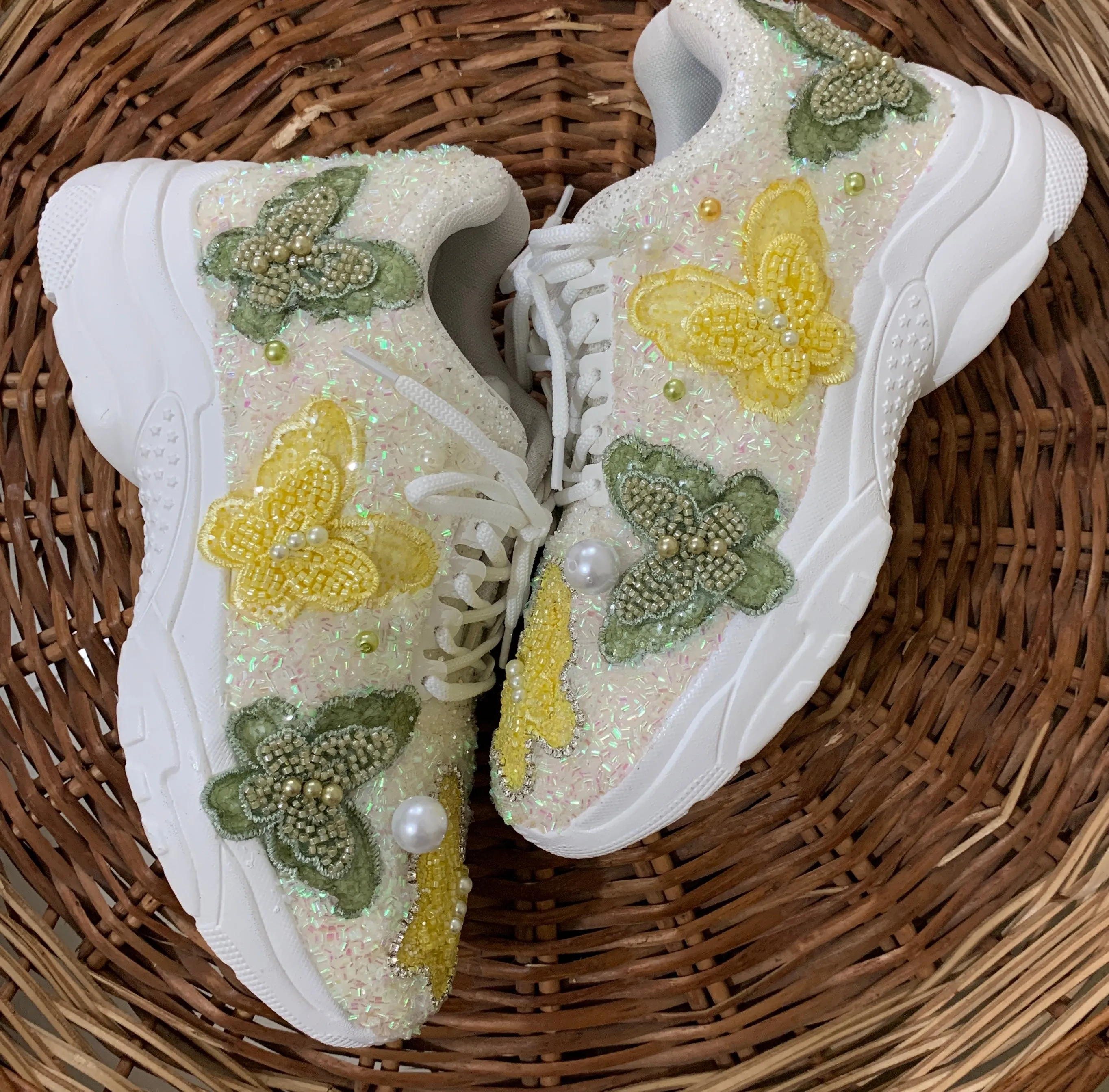 FUNKY N TRENDY yellow and green butterfly embroidery sneakers for brides /yellow embroidered sneakers/ handcrafted sneakers/ butterfly sneakers / bridal sneakers / bridesmaid sneakers/ green and yellow hand work sneakers/yellow shoes