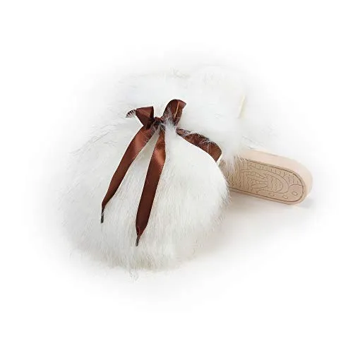 Fur Story Women's Faux Fur Slippers Memory Foam Cozy House Slipper Shoes Soft Flat Slide Sandals Indoor Outdoor（White Closed Toe-M）