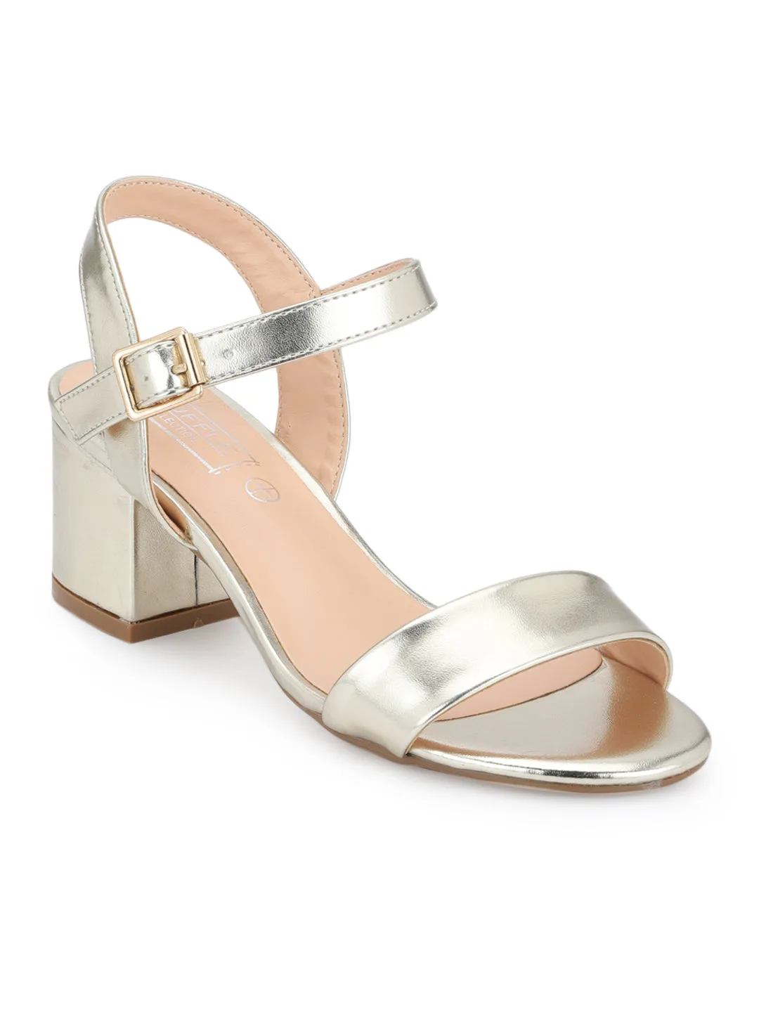 Gold PU Ankle Strap Low Block Heels