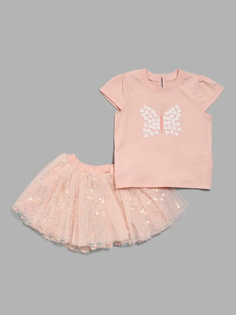 HOP Baby Peach Butterfly Printed T-Shirt & Mesh Skirt Set