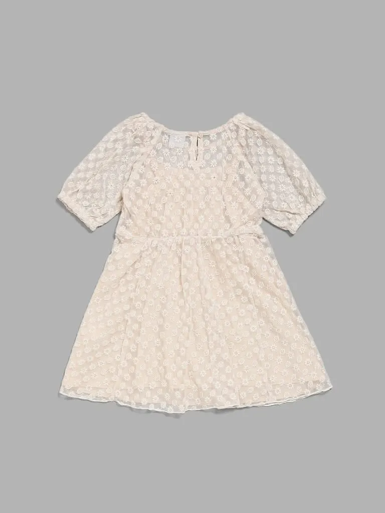 HOP Kids Beige Net Embroidered Dress with Camisole