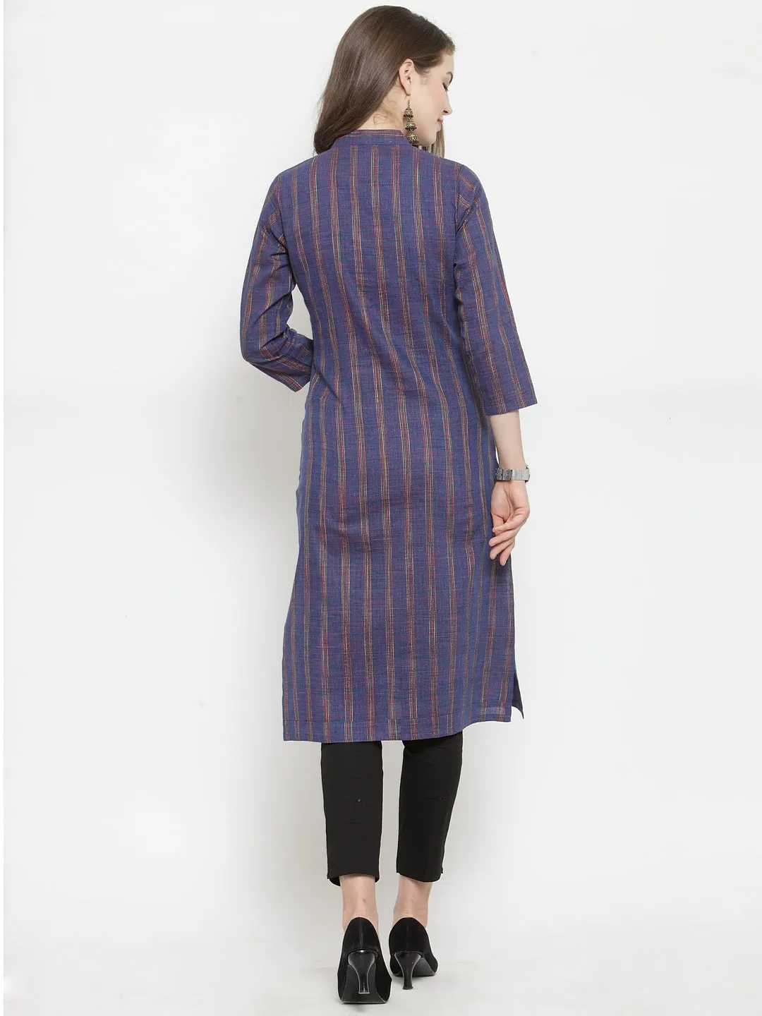 Jashvi Women Blue Blue Striped Cotton-blend Straight Kurta