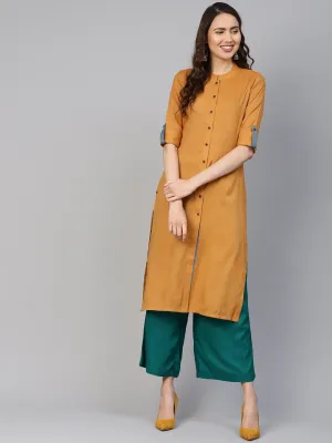 Jashvi Women Mustard Woven Design Straight Rayon Kurta