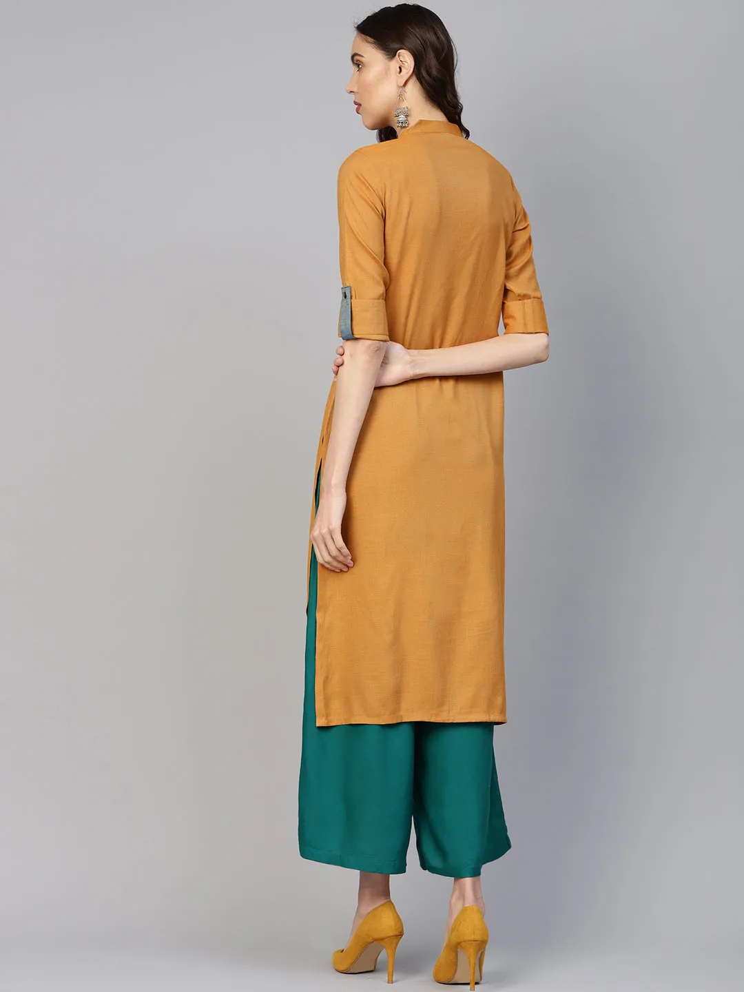 Jashvi Women Mustard Woven Design Straight Rayon Kurta