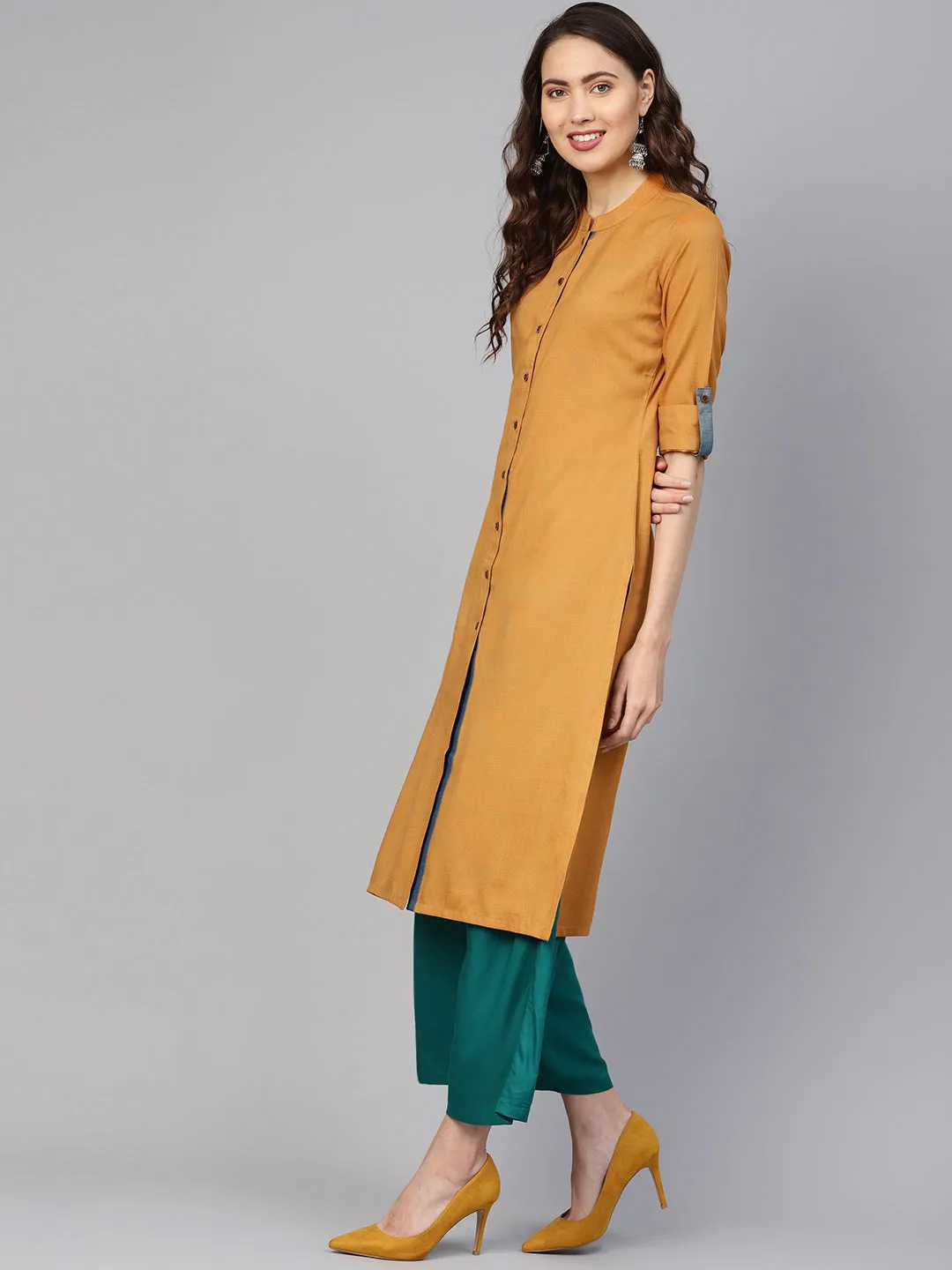 Jashvi Women Mustard Woven Design Straight Rayon Kurta