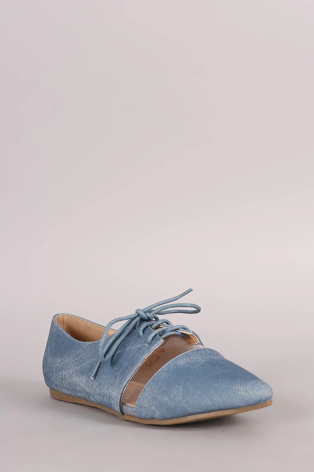 Liliana Denim Print Lucite Inset Lace-Up Oxford Flat