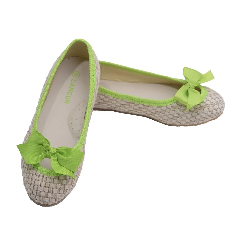 Little Big Kids Girls Lime Faux Straw Bow Fashion Flats 11-4 Kids