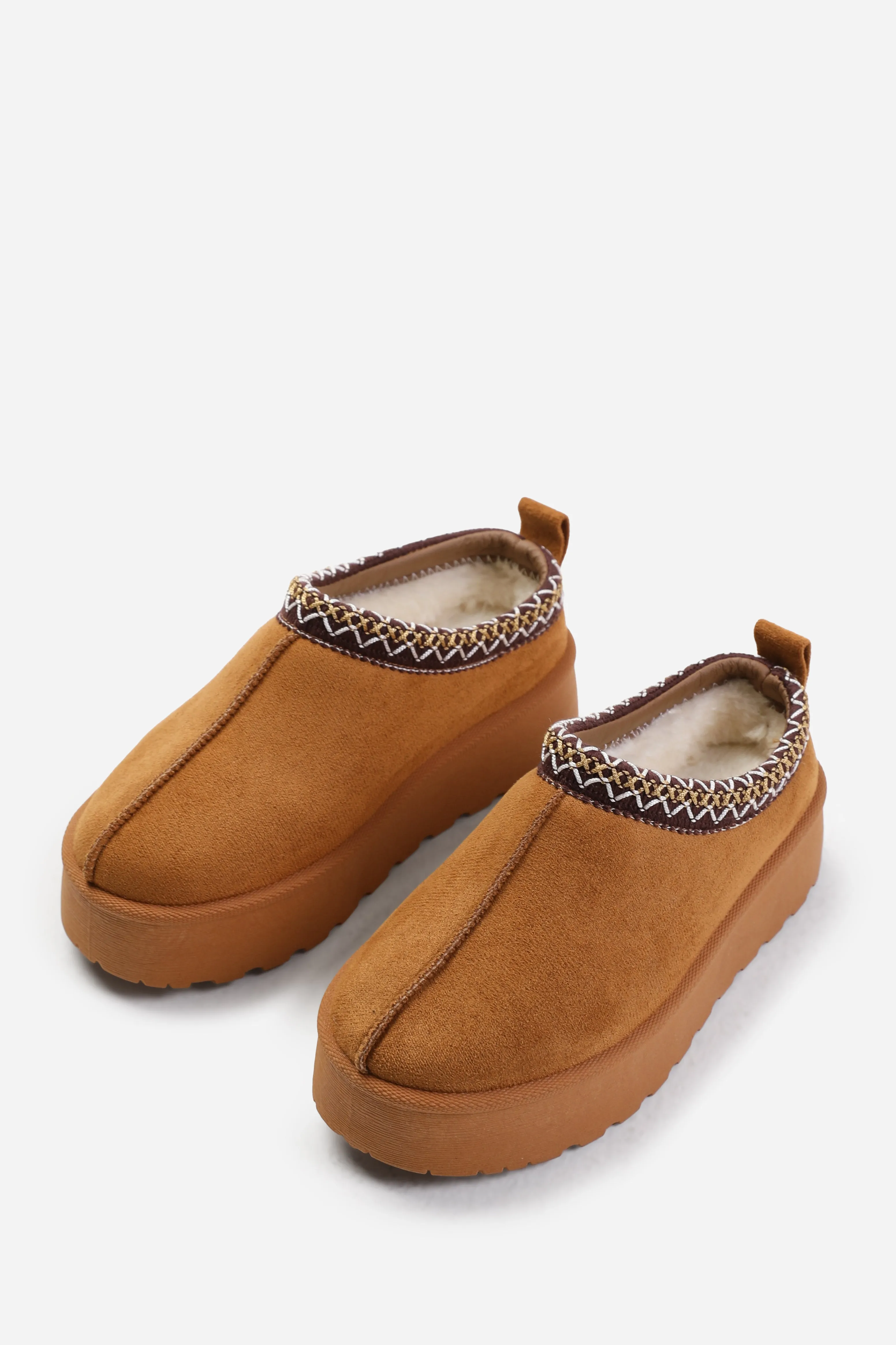 MANGO KIDS FLATFORM EMBROIDERED LOW ANKLE SLIPPER BOOTS IN CHESTNUT SUEDE