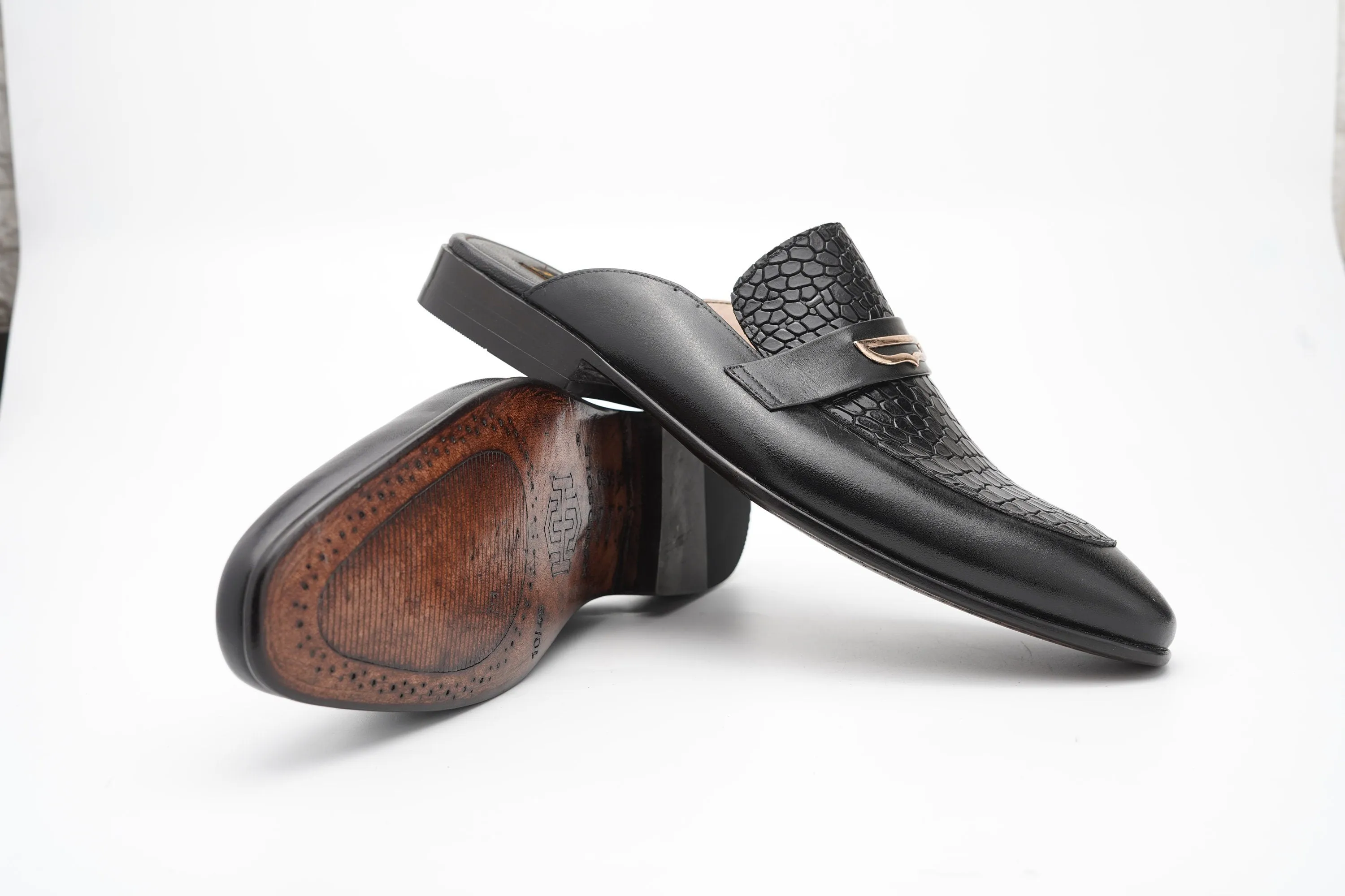 Medallion Black alligator/aniline Backless Slip On Mule Custom Made-To-Order Shoes  Premium Quality Handmade