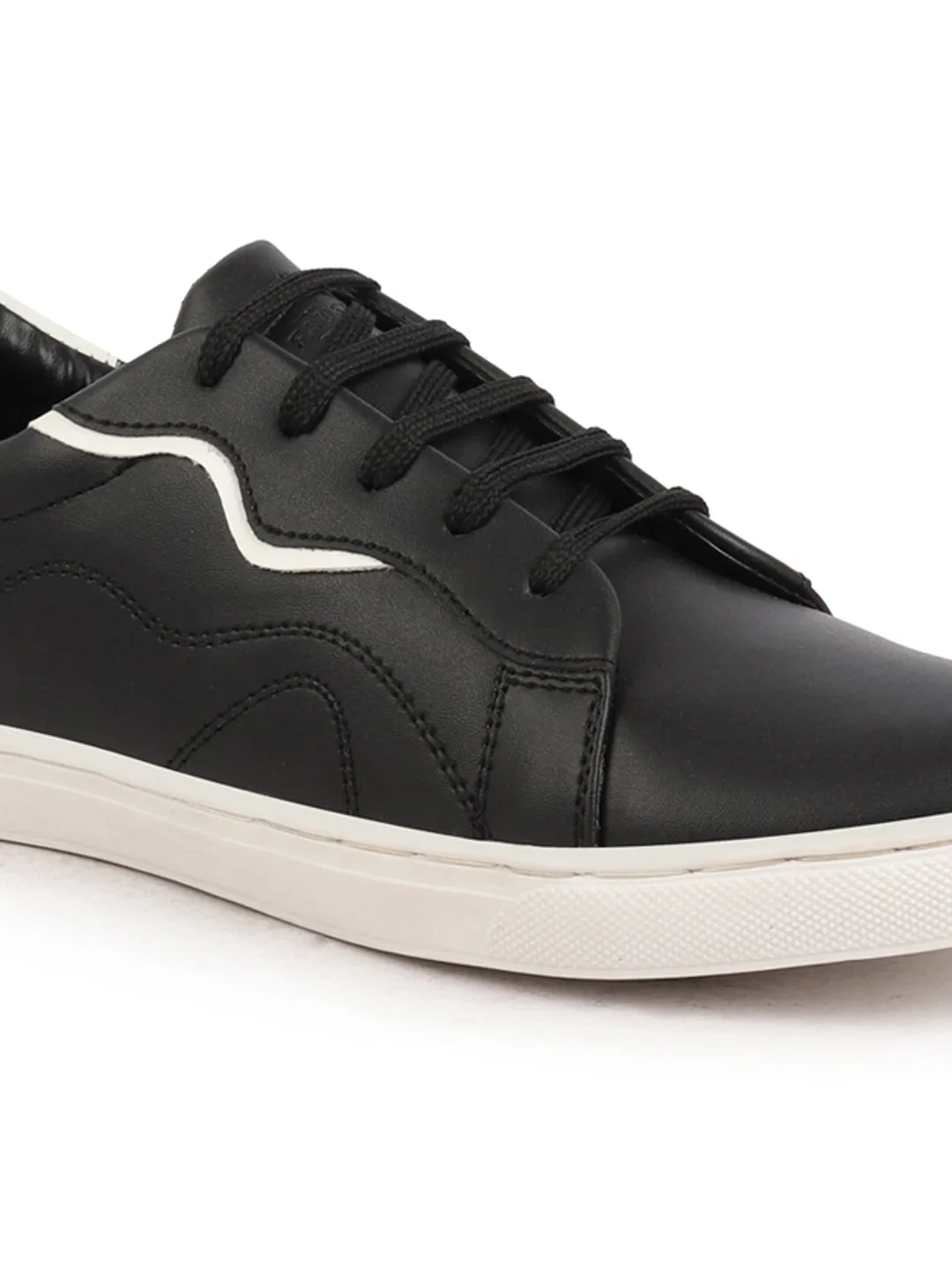 Men Black Classic Lace Up Elevated Look Sneaker Shoes with Contrast Sole|Low Ankle|Casual Shoe