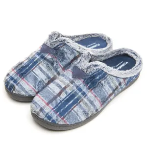 Mens Bedroom Slippers Navy/Multi Check Mule Plumaflex Memory Foam R12273