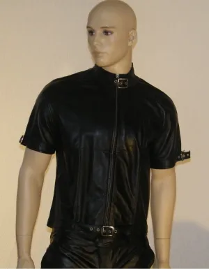 Men's Black Leather Short Sleeve Shirt MS17