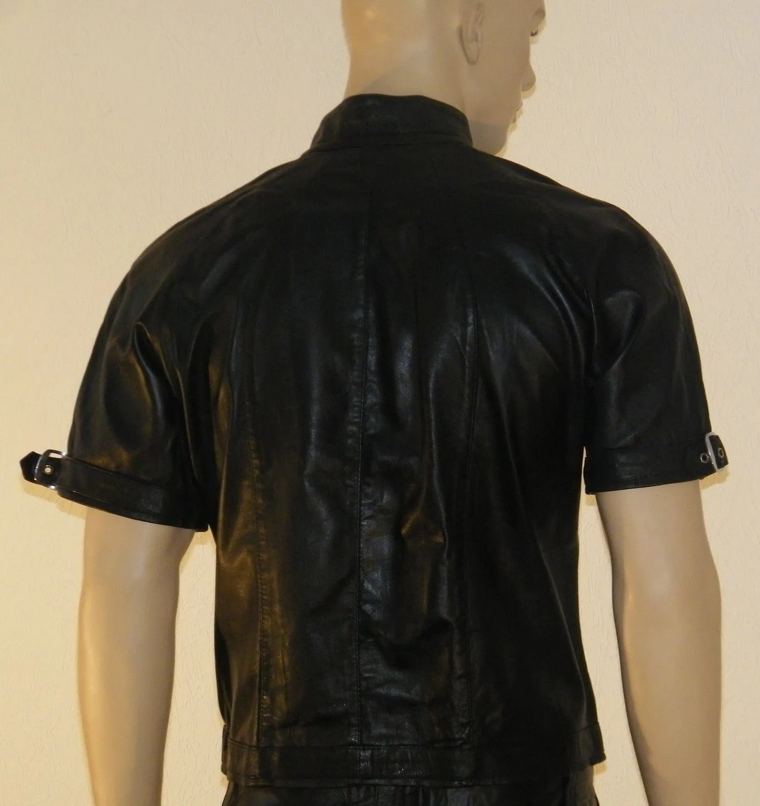 Men's Black Leather Short Sleeve Shirt MS17