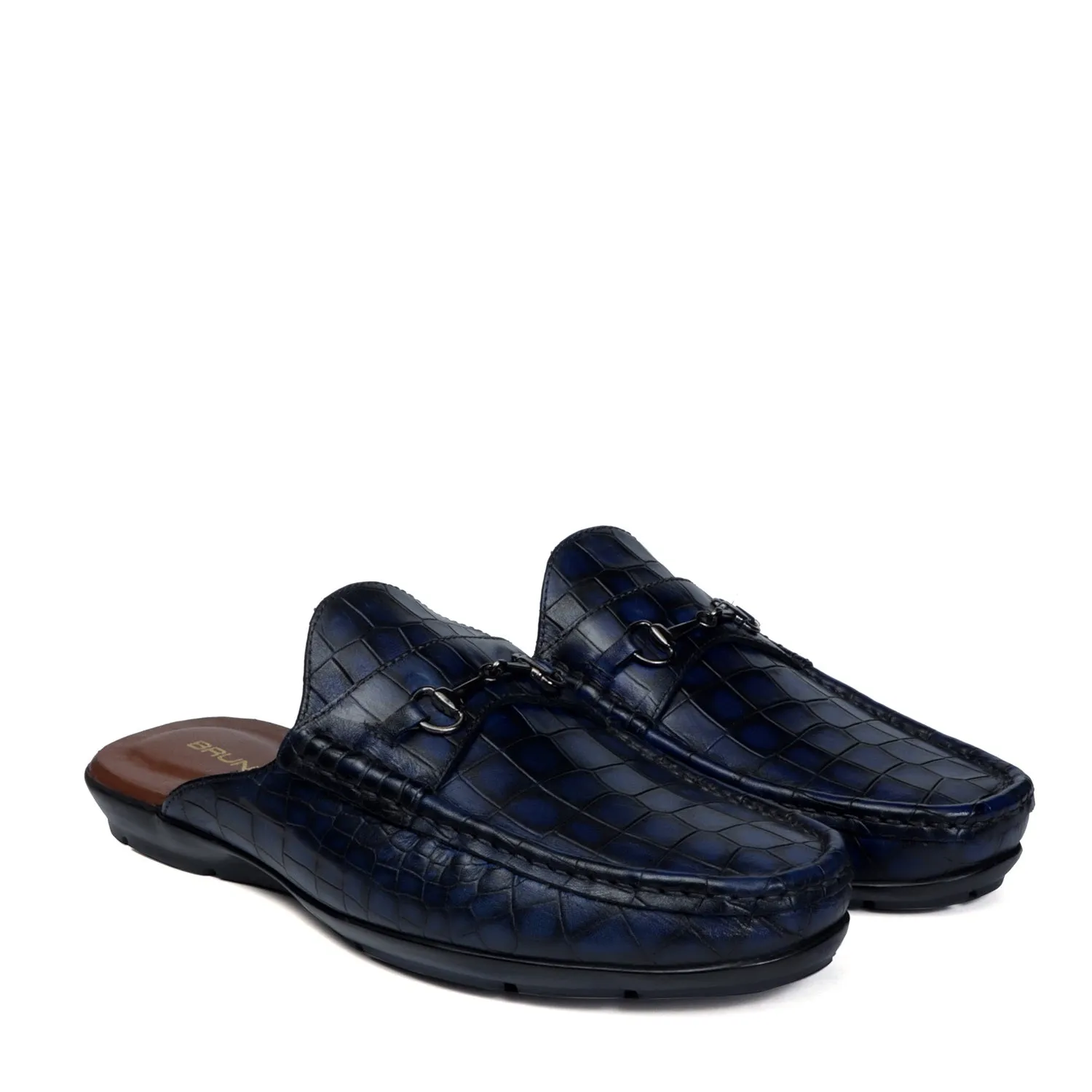 Men's Horse-Bit Mules Blue Smoky Croco Deep Cut Textured Leather