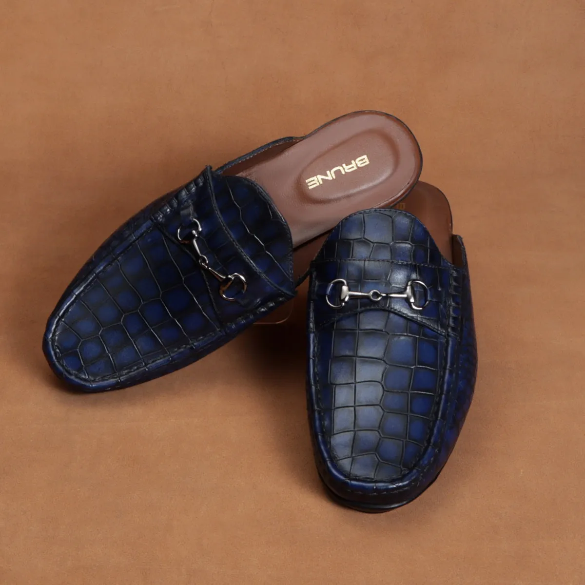 Men's Horse-Bit Mules Blue Smoky Croco Deep Cut Textured Leather