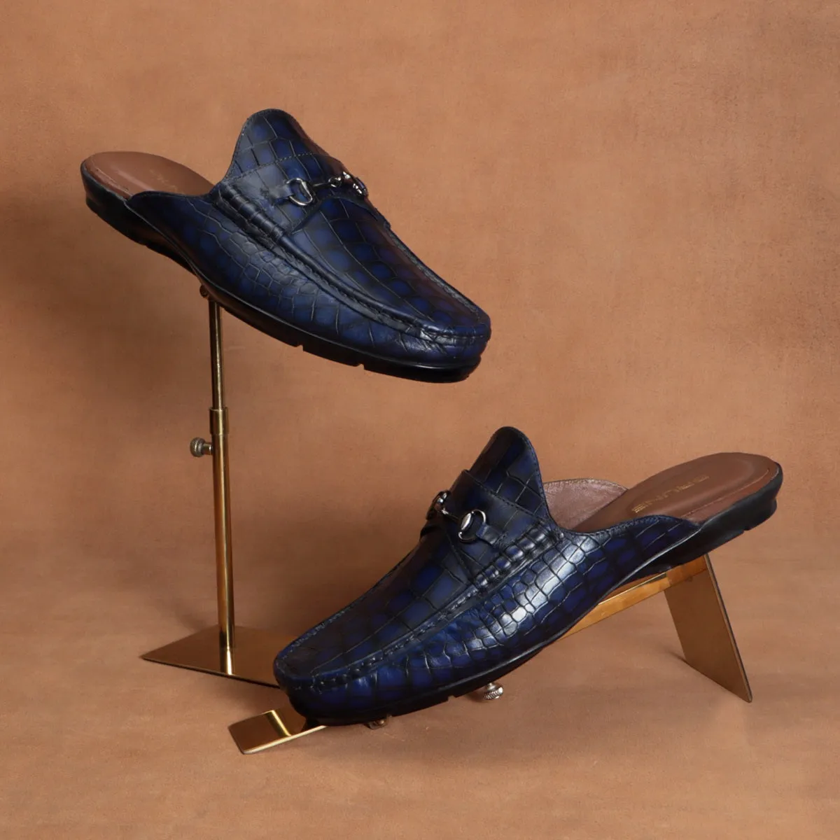 Men's Horse-Bit Mules Blue Smoky Croco Deep Cut Textured Leather