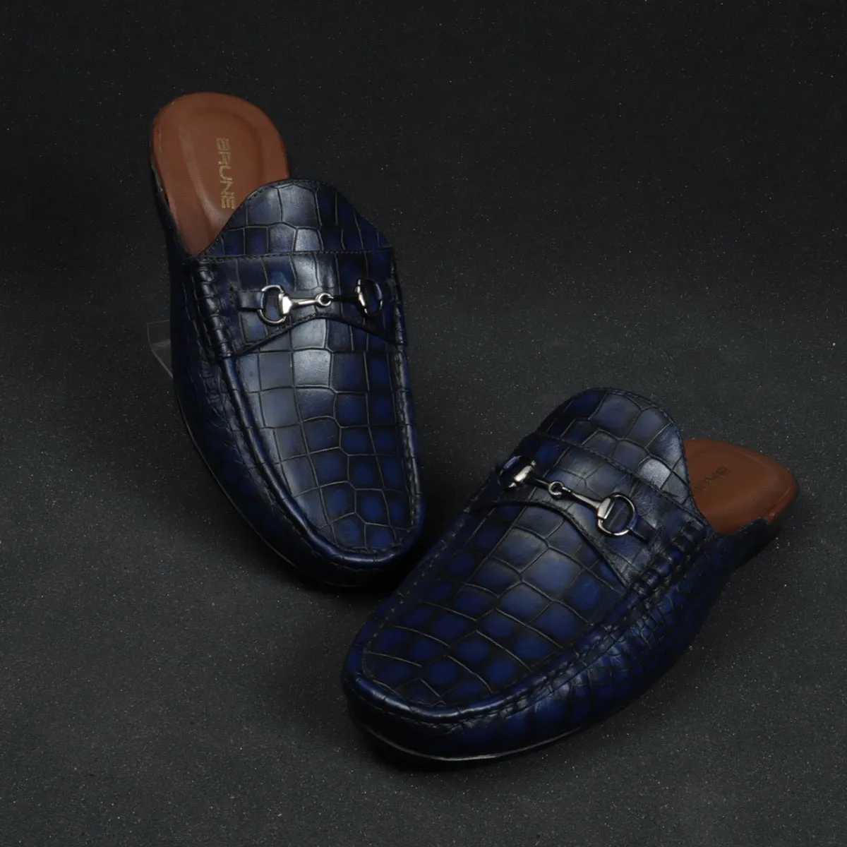 Men's Horse-Bit Mules Blue Smoky Croco Deep Cut Textured Leather