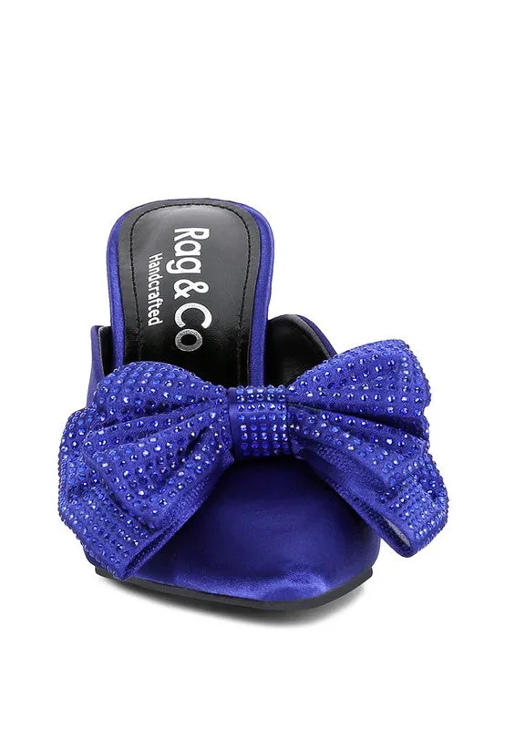 Navy Diamante Bow Heeled Mules