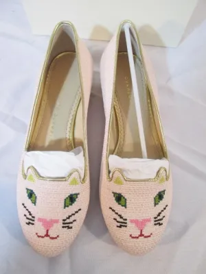 NEW CHARLOTTE OLYMPIA KITTY FLATS CAT PINK Rose Embroidered Shoe 36 6 Womens