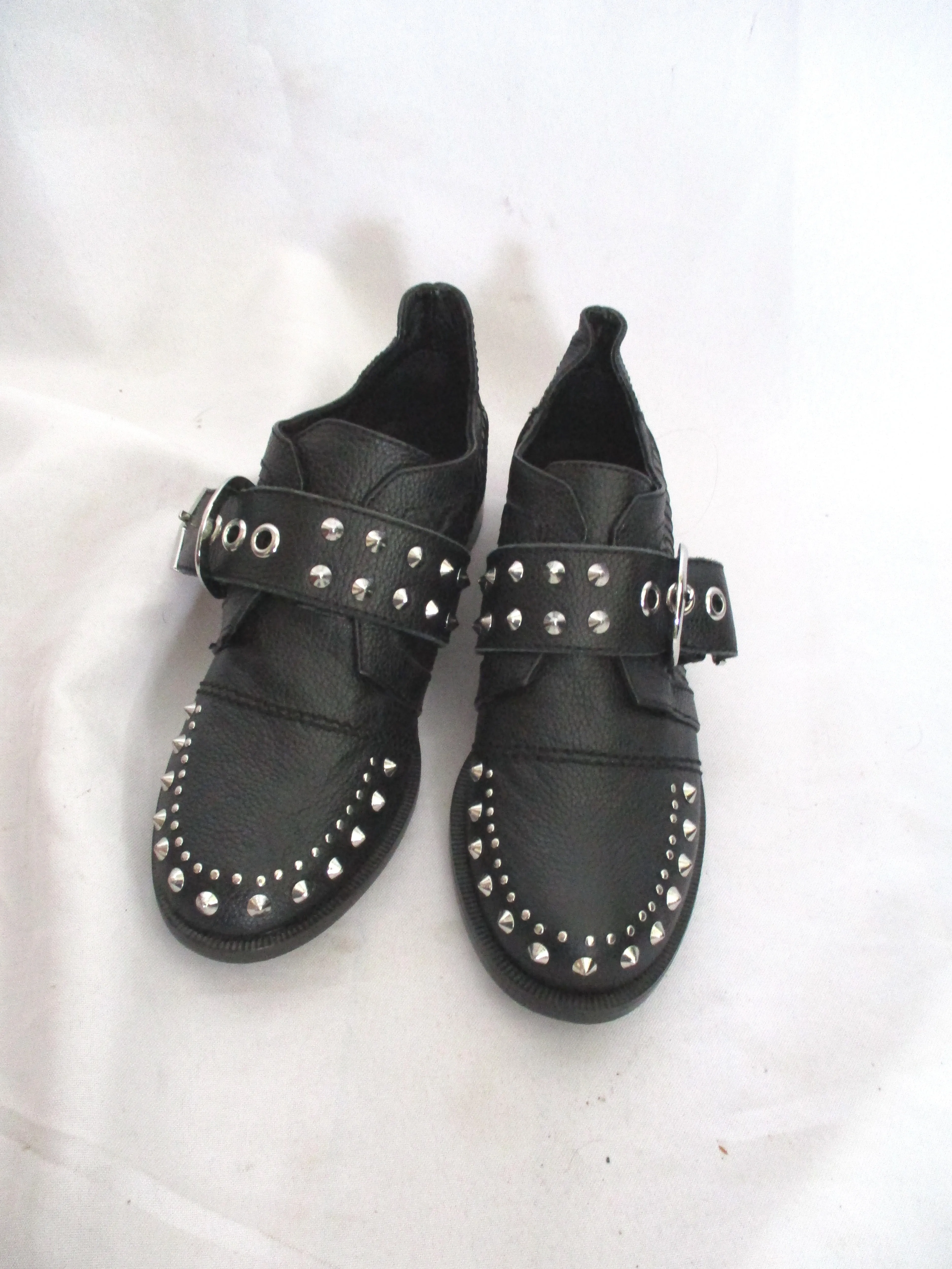 NEW ZADIG & VOLTAIRE SPIKE FLAT SHOE Buckle Oxford Punk Goth 36 BLACK