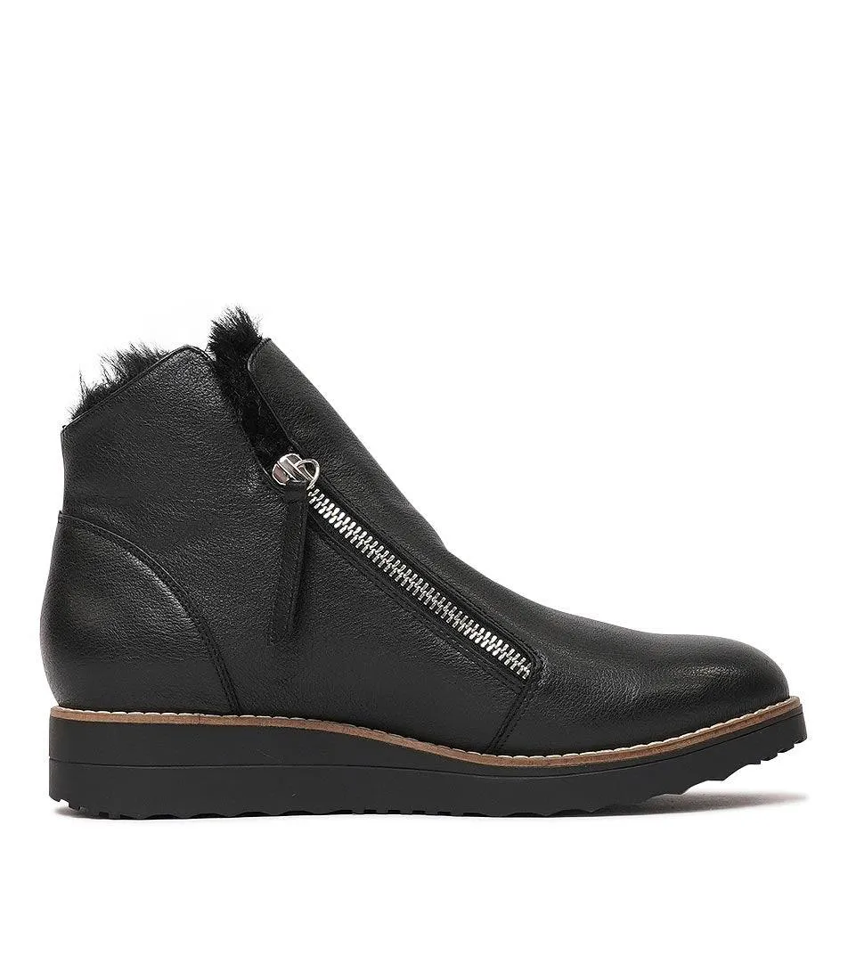 Opal Black Leather/ Black Fur Ankle Boots