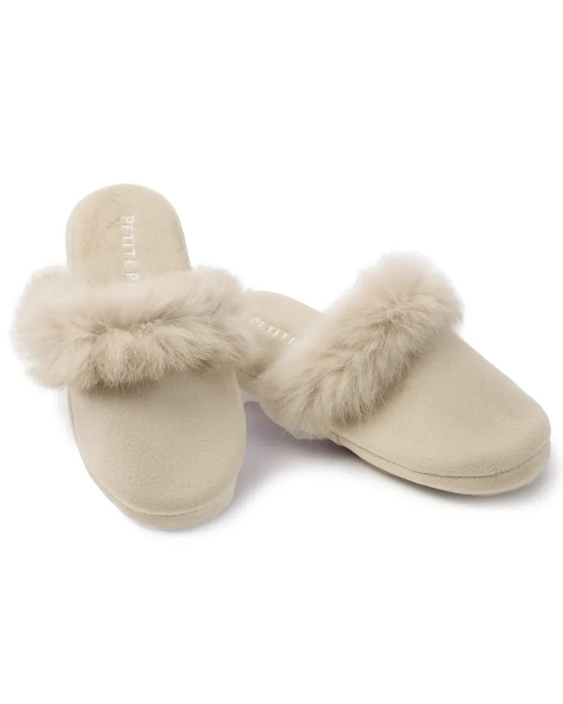 Petite Plume Beige Fur Trim Slippers