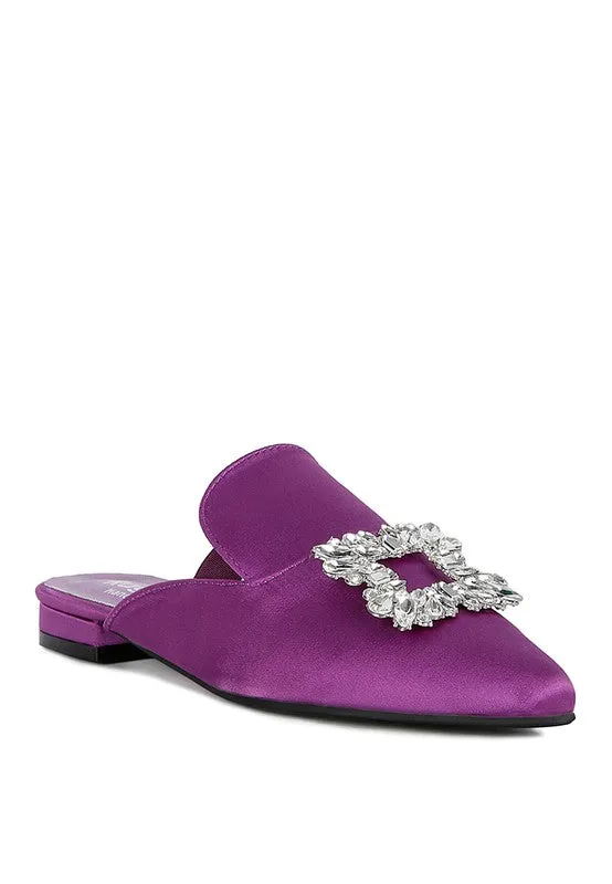 Purple Perrine Diamante Jewel Satin Mules In Black