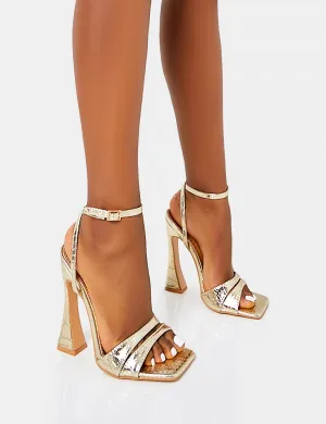 Saintly Gold Croc Wrap Around the Ankle Barley There Square Toe Flared Block High Heels