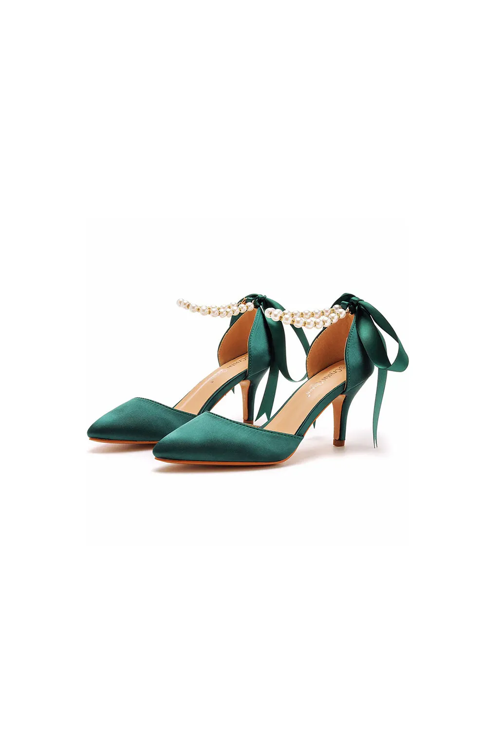 Satin Pearl Ribbon Tie Pointed Toe Ankle Strap High Heels