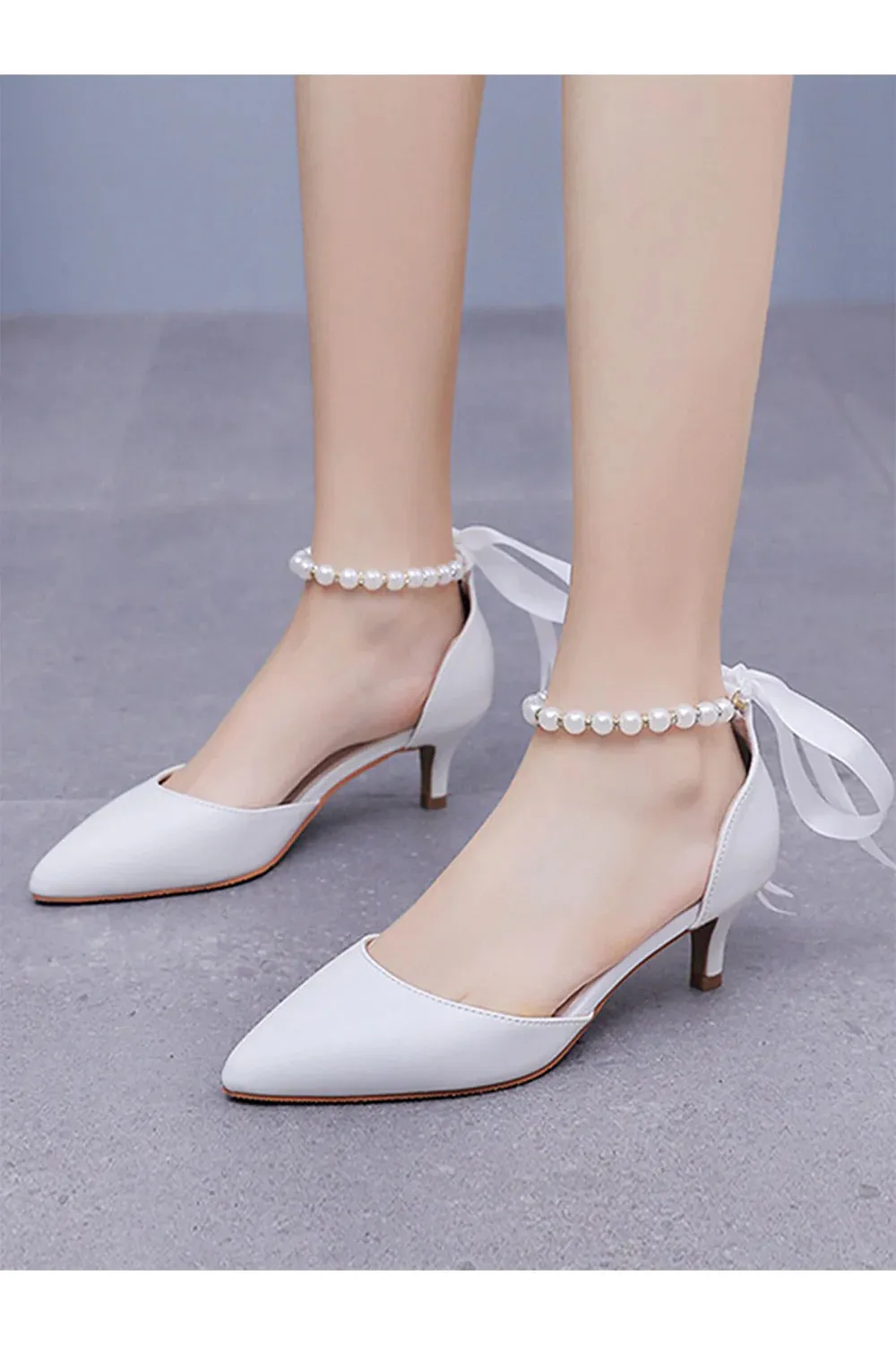 Satin Pearl Ribbon Tie Pointed Toe Ankle Strap High Heels