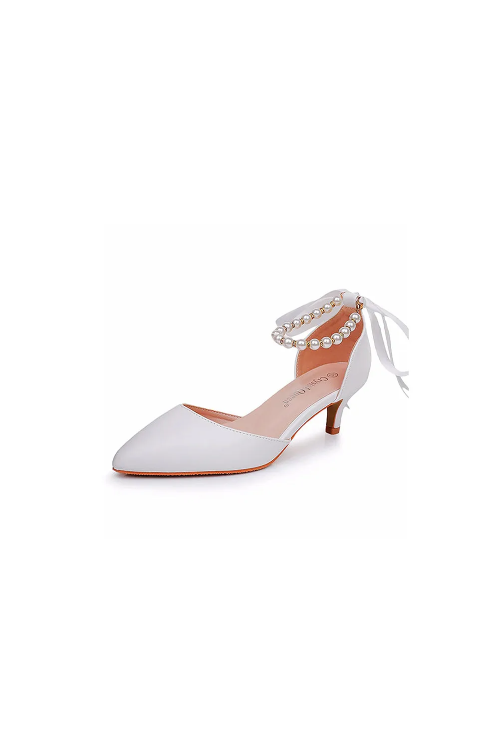 Satin Pearl Ribbon Tie Pointed Toe Ankle Strap High Heels