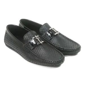 Sigotto Uomo Black Embossed Snake Print Loafer with Rubber Sole