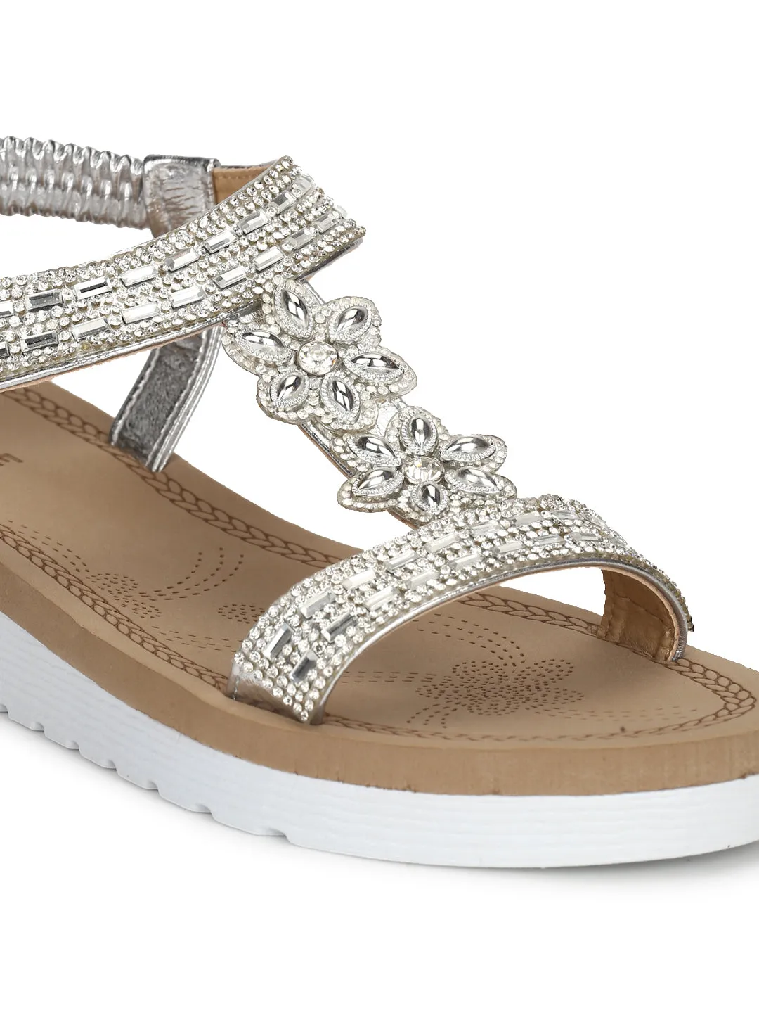 Silver Met Diamante Platform Slip-On Sandals