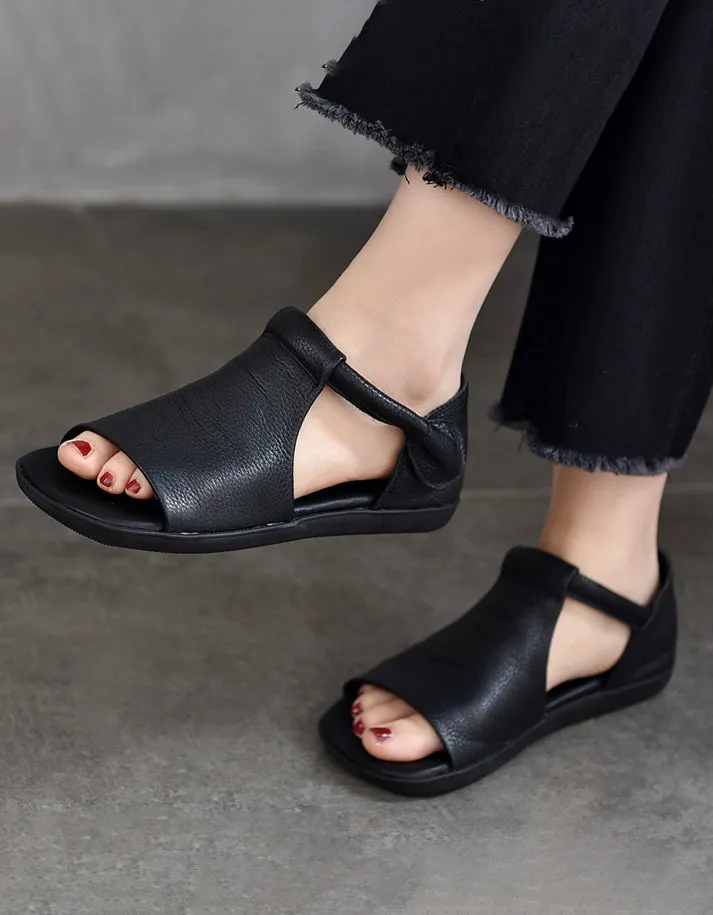 Summer Breathable Open Toe Leather Flat Sandals