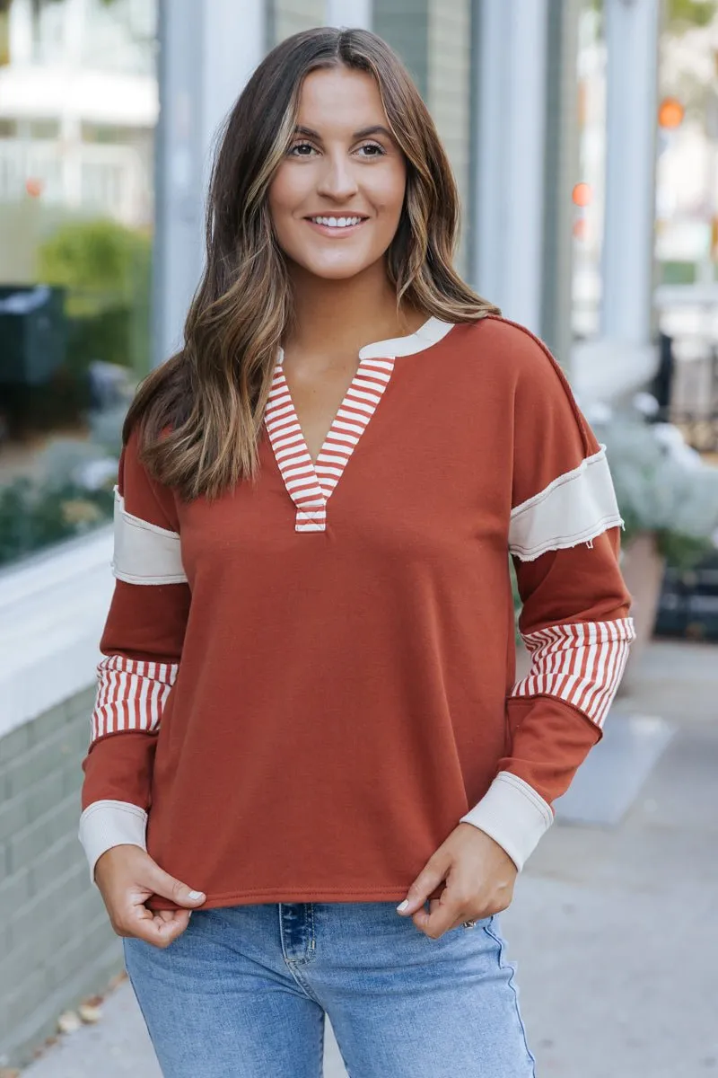 Terracotta Color Block Striped Sweater - DOORBUSTER