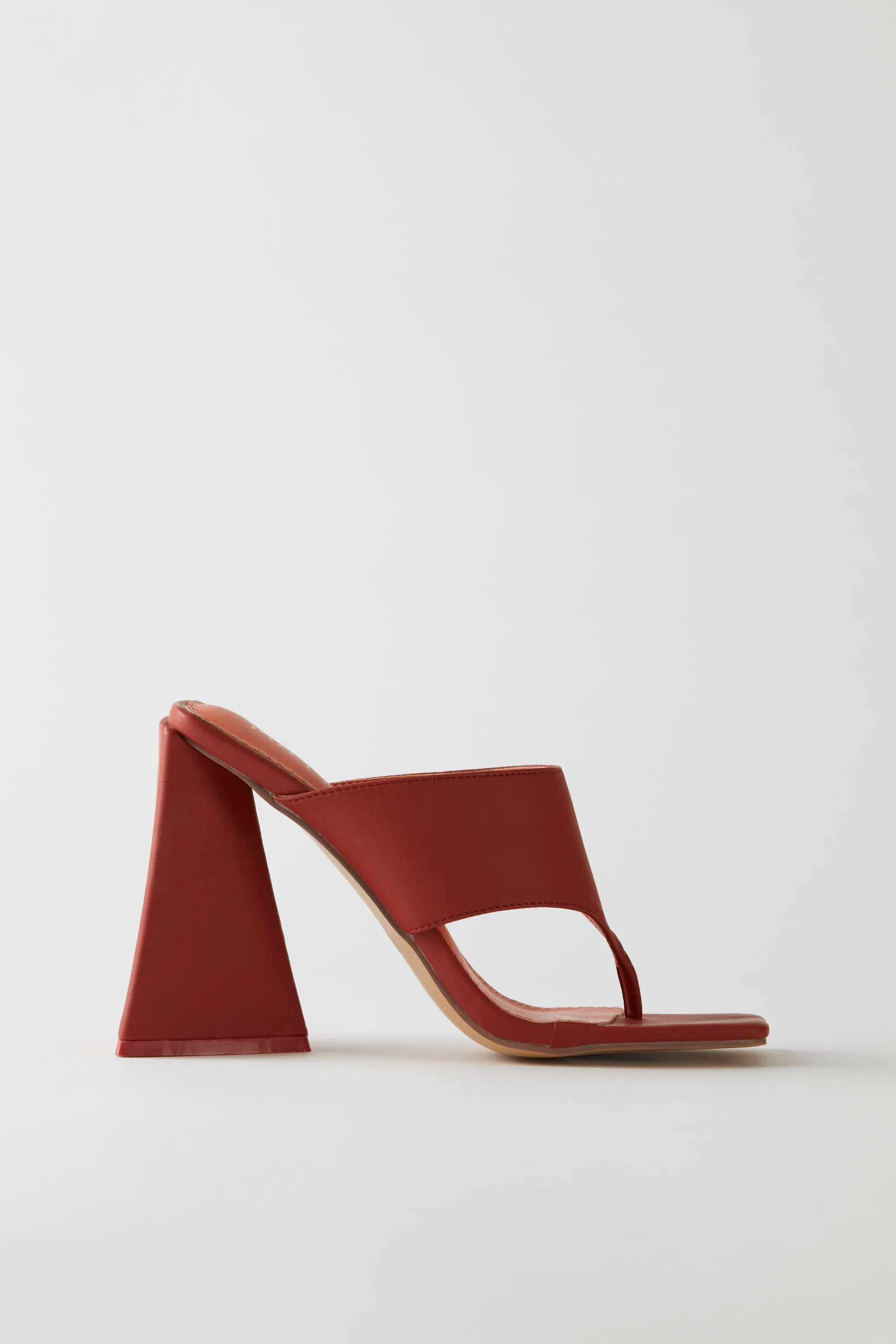 Toe Post Leatherette Mule Heels in Terracotta