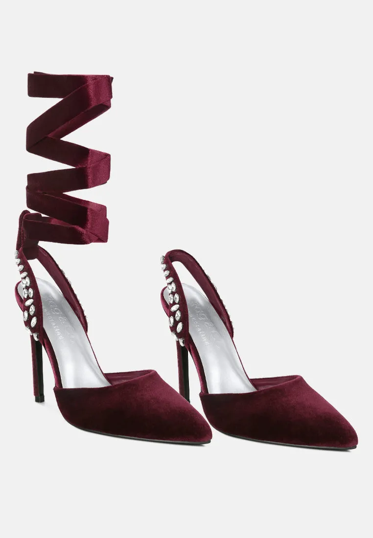 WALLIS Burgundy Diamante Embellished Tie Up Stiletto Sandals