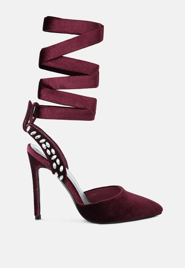 WALLIS Burgundy Diamante Embellished Tie Up Stiletto Sandals