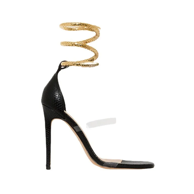 Women clear two strap ankle metal ring stiletto high heels