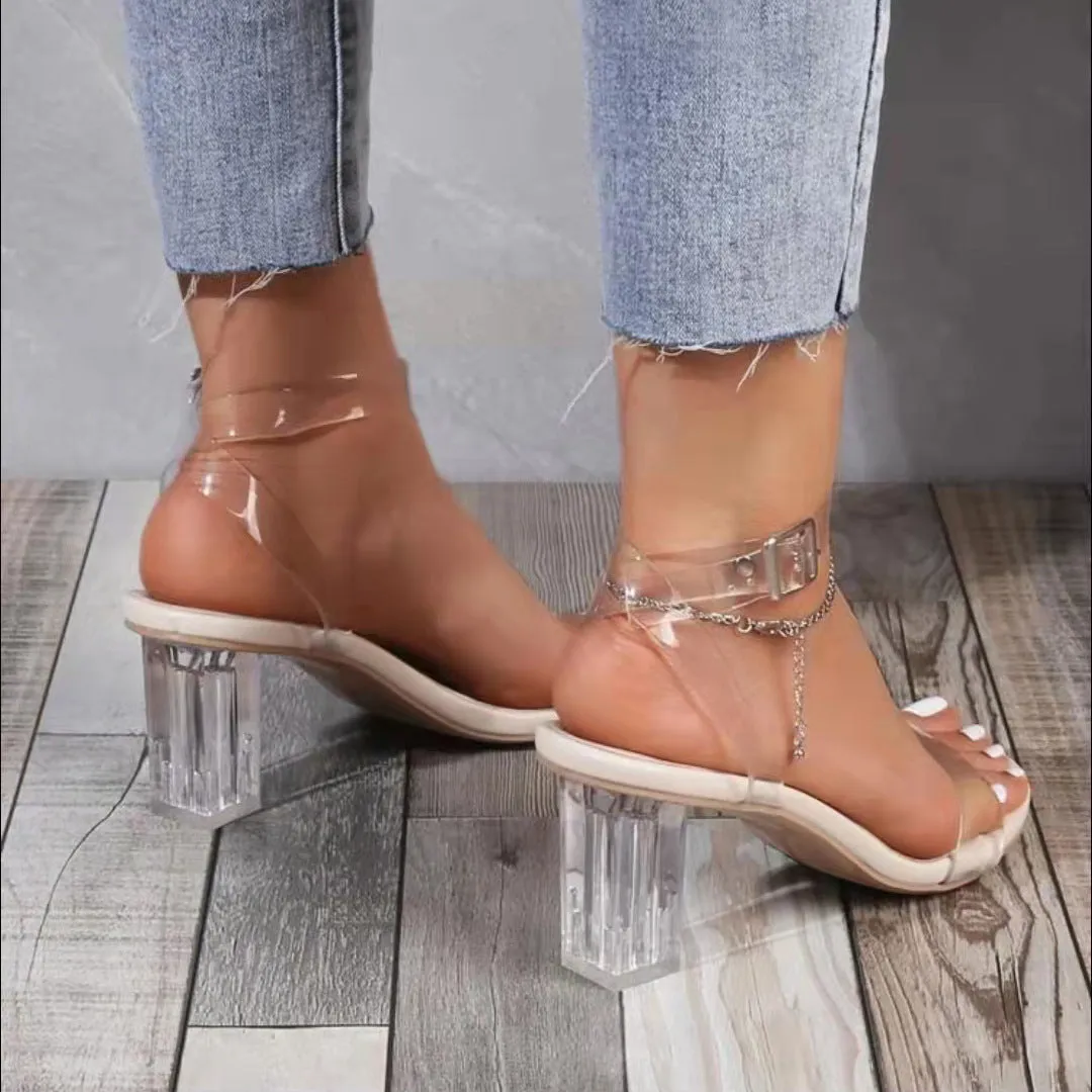 Women open toe buckle strap slingback chunky clear heels