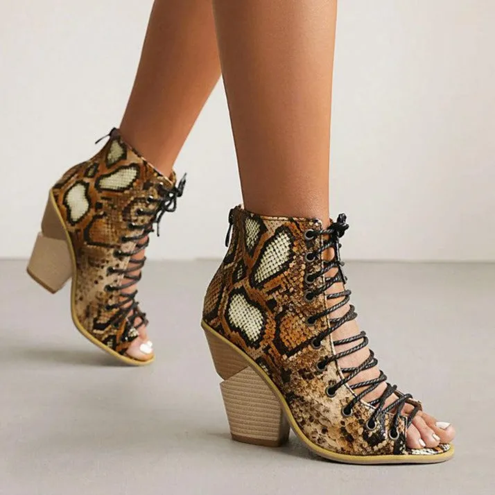 Women peep toe criss cross lace up chunky high heels