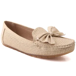 Women “PERLA” Pearl Detailing Flat Slip On Shimmer Textured Casual Loafers