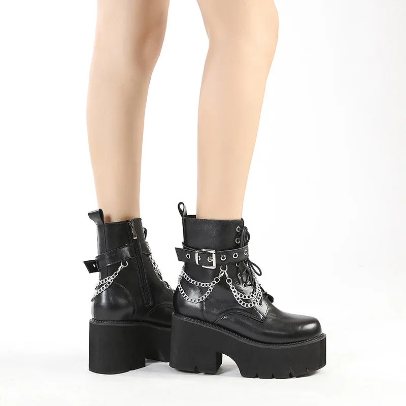 Women's Black High-Heeled Chunky Martin Boots