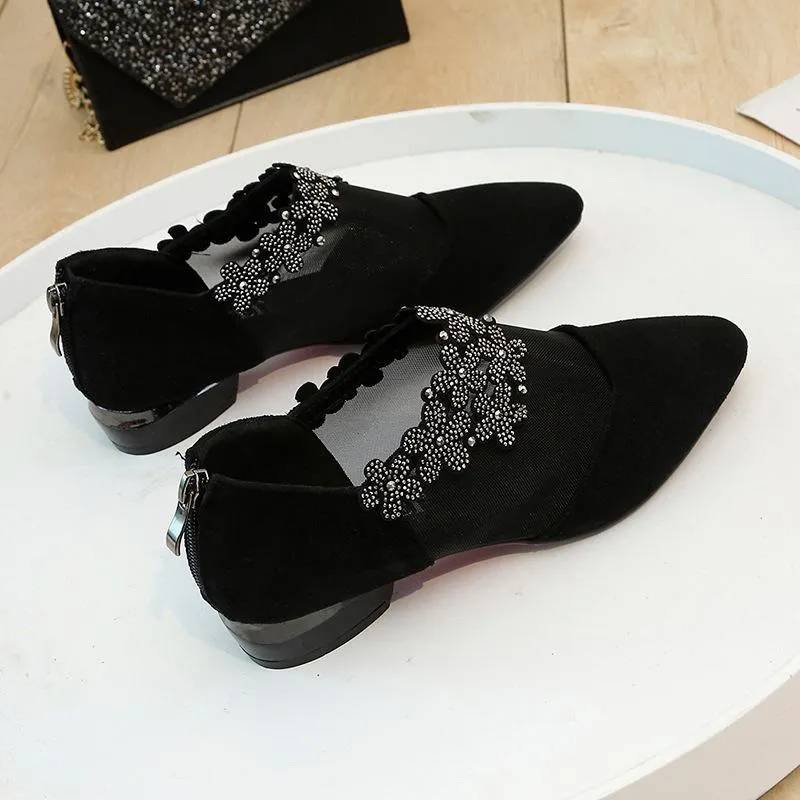 Women's crystal flower black lace mesh low heel sandals for wedding