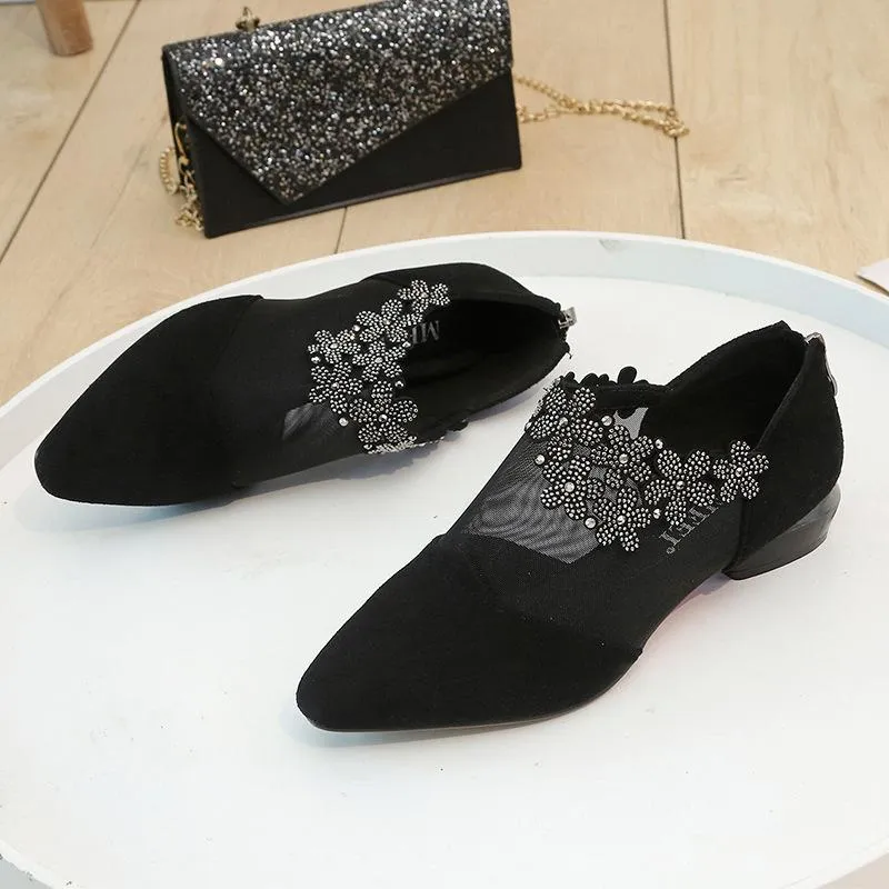 Women's crystal flower black lace mesh low heel sandals for wedding