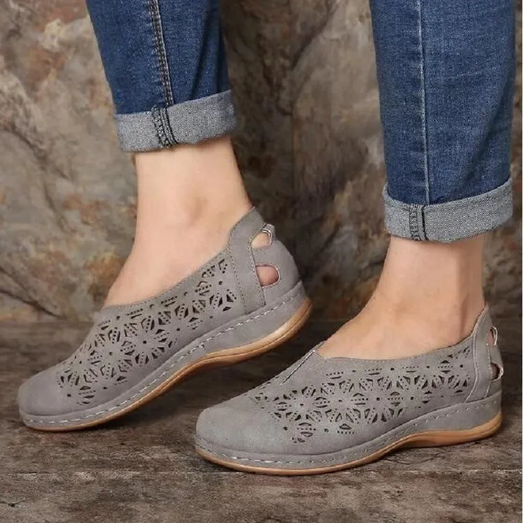 Women's hollow breathable slip on flats casual walking shoes