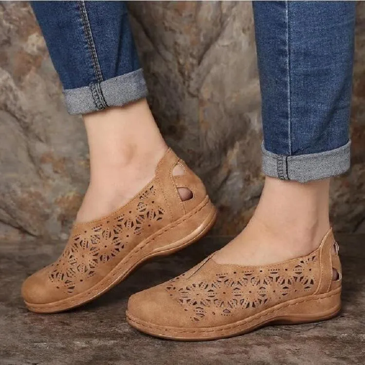 Women's hollow breathable slip on flats casual walking shoes